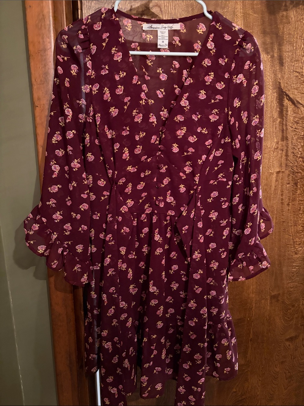 American Rag Burgundy Floral Long Sleeve V‑Neck Dress